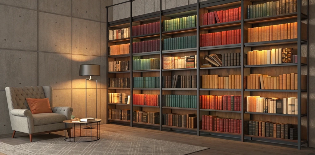 Стеллажи металлические с книгами на полках в интерьере - фото Стеллажин